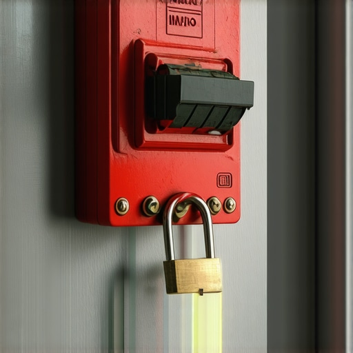 A red lockout device and brass padlock installed on a 50-amp breaker for EV charger safety.