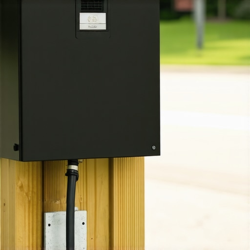 Securing an outdoor EV charger with a metal lockbox A weatherproof metal locking cabinet protecting an EV charging station on a wooden post.
