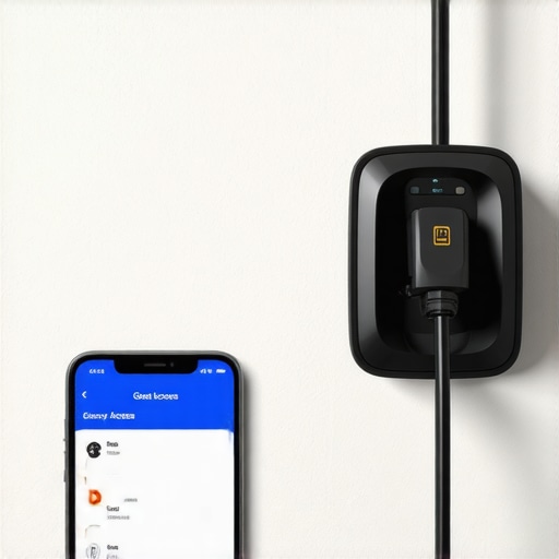 Close-up of an EV charging app on a phone showing guest permission settings in a garage.