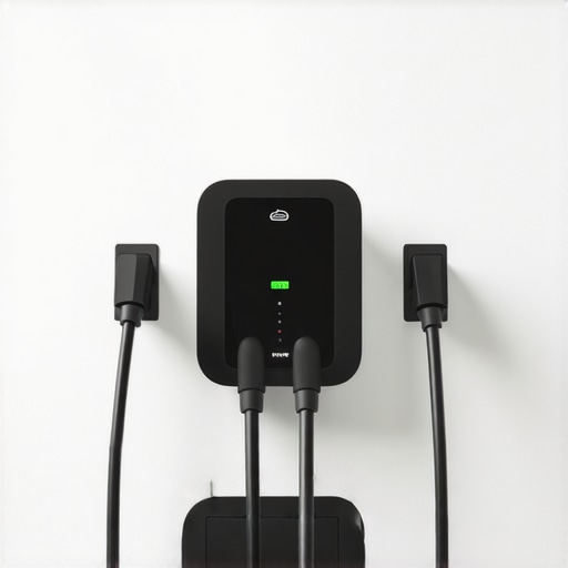 Smart Dual EV Charger Setup Smart dual EV charger mounted on garage wall with balanced power lights