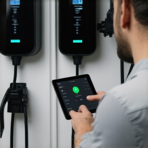 Smart EV Charger Load Balancing Setup Two electric vehicle smart chargers configured for dynamic load sharing on a single circuit in a home garage.