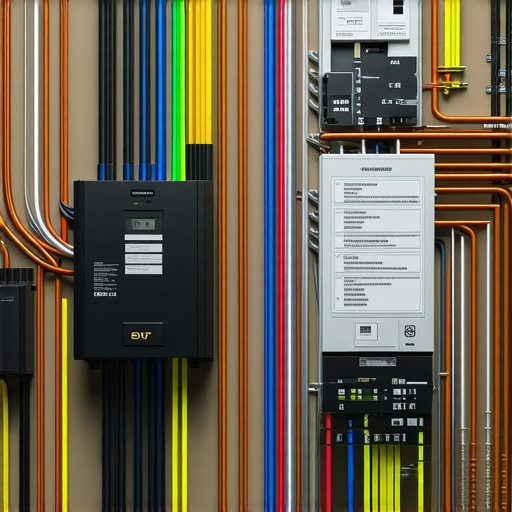Close up of a residential electrical panel with an EV charger circuit and load balancing hardware.