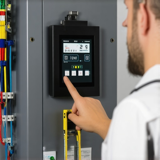 An electrician inspecting a smart load management controller in an electrical panel for EV charging compliance.
