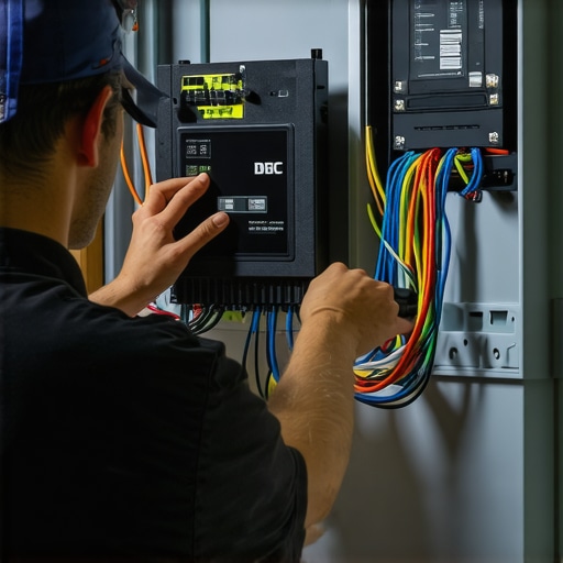 Electrician installing a load management device to avoid a full panel upgrade for EV charging.