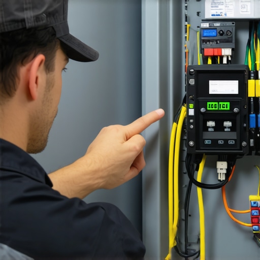 Electrician inspecting an EMS module in an electrical panel to optimize EV charging.
