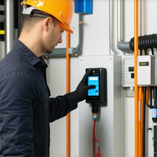 Electrician installing EV charging load management equipment in a condo garage.