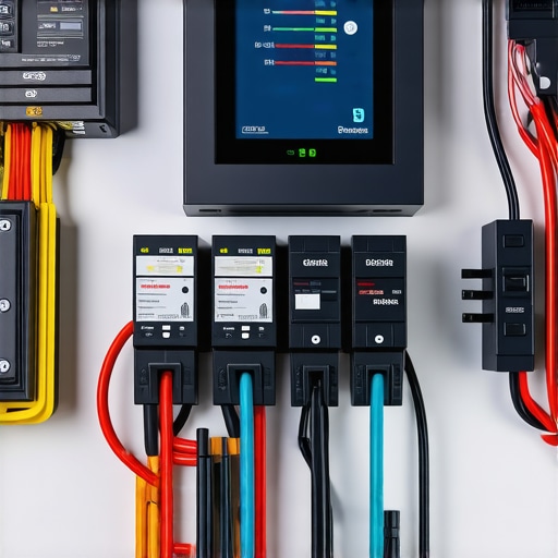 Close-up of an electrical panel with a smart energy management system for charging two electric vehicles without a panel upgrade.