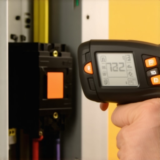 Electrician checking the temperature of a 50-amp EV breaker using a non-contact infrared thermometer to prevent overheating.