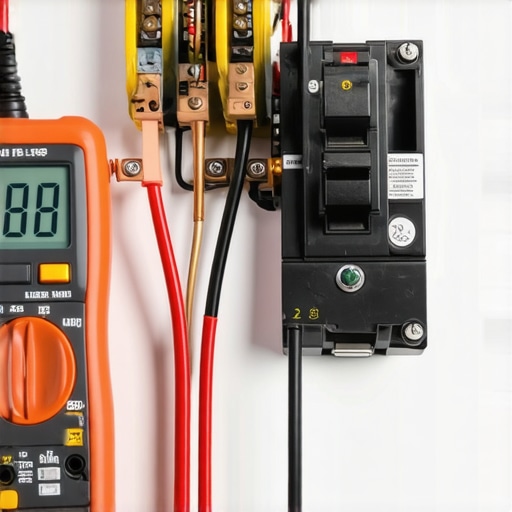 Close-up of a multimeter measuring voltage on an EV charger circuit breaker to troubleshoot charging speed issues.