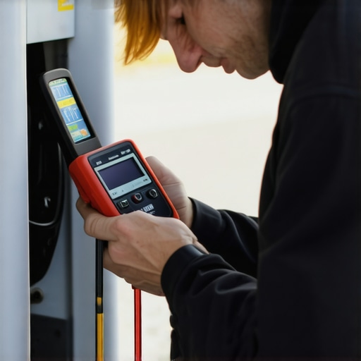 Electrician testing the electrical ground of an EV charger to fix communication errors.