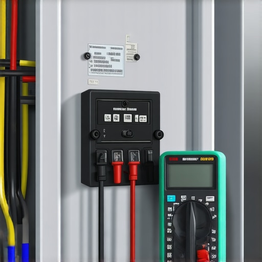 Electrician using a multimeter to verify low voltage between ground points in an EV charger installation.