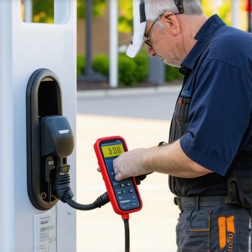 Electrician checking voltage drop at an outdoor EV charger pedestal.