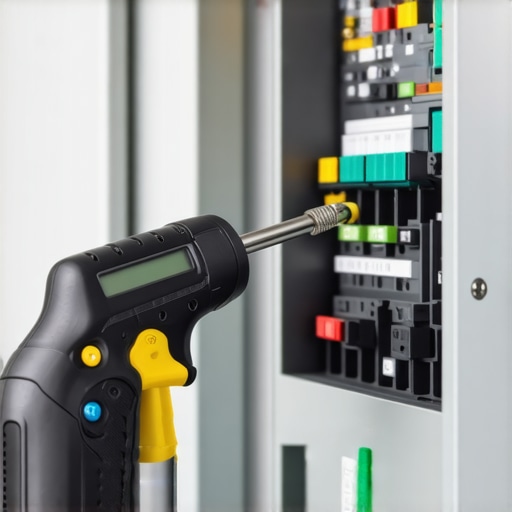 Electrician using a torque wrench on a circuit breaker terminal