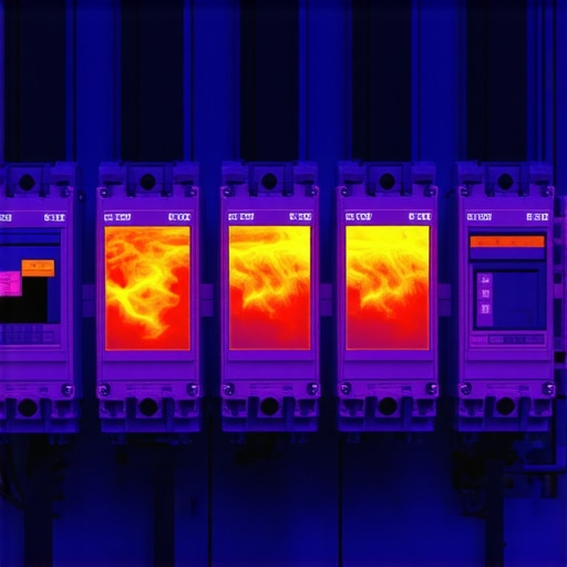 Thermal camera showing heat concentration in electrical breakers during continuous EV charging.