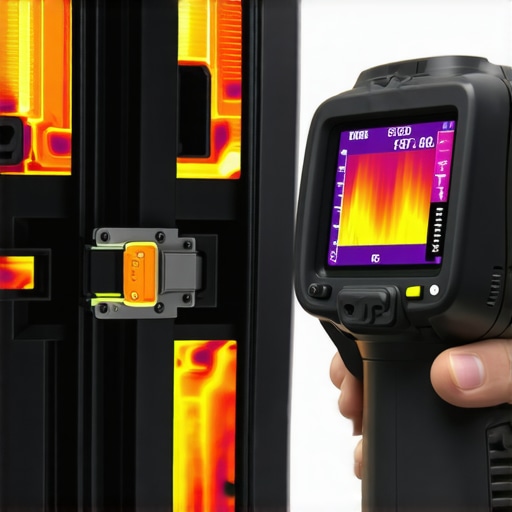 A thermal camera scanning an electrical panel to check for overheating breakers during EV charging.