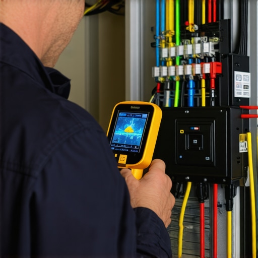 Electrician using a thermal camera to check for hot spots in an EV charger breaker panel.