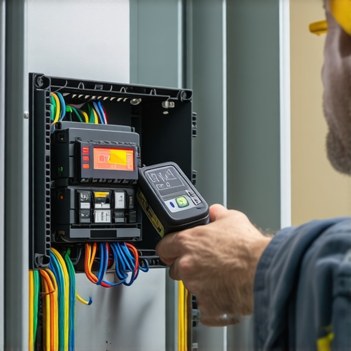 Electrician using a thermal camera to check for hot spots in a commercial electrical panel