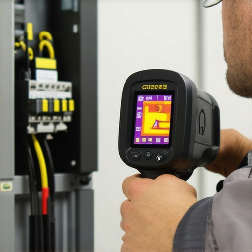 Electrician using a thermal imaging camera to check for heat issues in an EV charging panel.