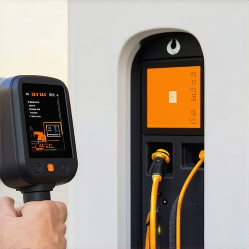 An electrician using a thermal camera to detect hotspots inside an EV charging station housing.