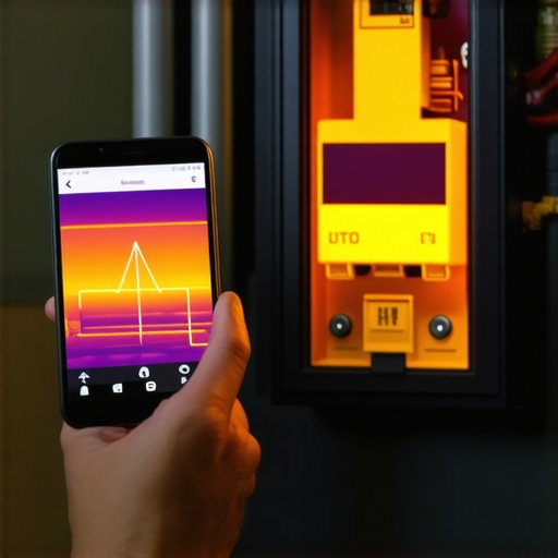 Smartphone thermal camera detecting heat on an EV charger circuit breaker in a home electrical panel.
