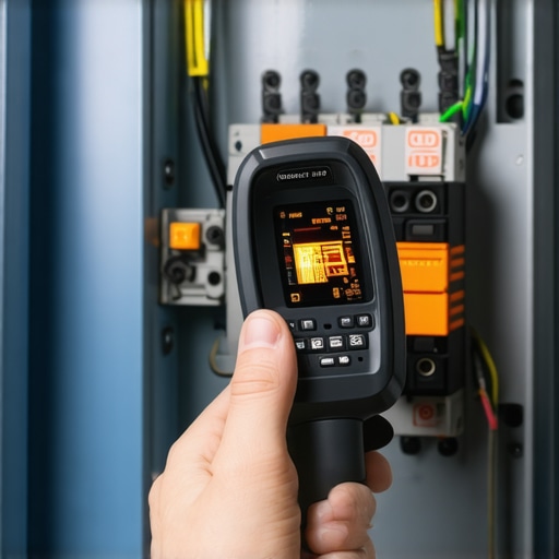 Thermal camera scanning an EV charging electrical panel for hot spots and loose connections.