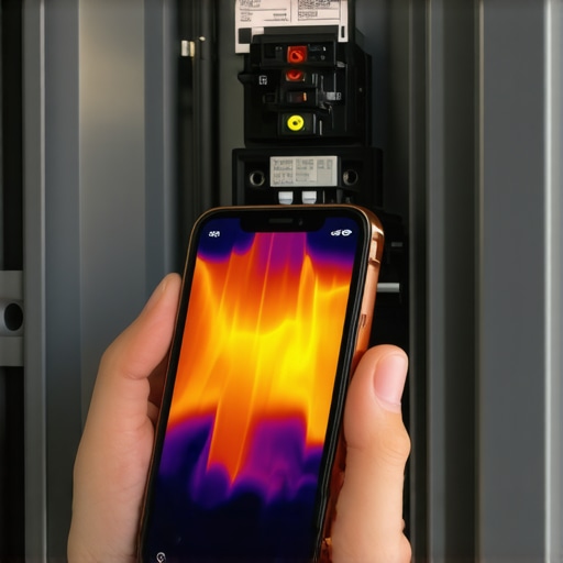 A smartphone thermal camera detecting heat on an electrical panel breaker used for EV charging.