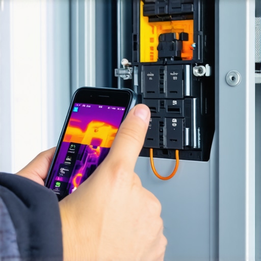 Using a smartphone thermal camera to check an electrical panel for overheating breakers.