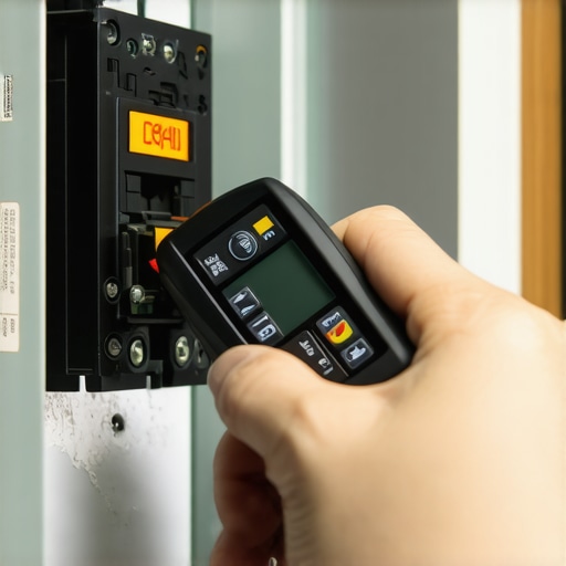 An infrared thermometer measuring the heat of an EV charger circuit breaker in an electrical panel.