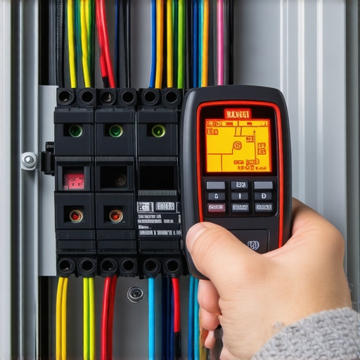 A person using a thermal camera to check for heat build-up in an electrical panel during EV charging.