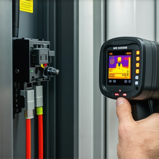 Electrician using a thermal camera to check for overheating breakers during an EV charging session.