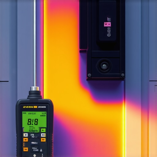 Close up of a thermal camera view showing heat distribution on an EV charger circuit breaker in a home electrical panel.
