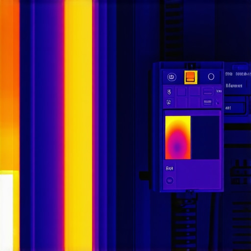 Thermal camera showing heat signature of a 50-amp EV charger circuit breaker in a home panel.
