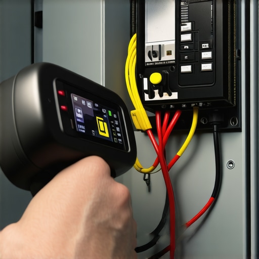 Handheld thermal camera scanning an electrical panel for heat spots on an EV charger circuit.