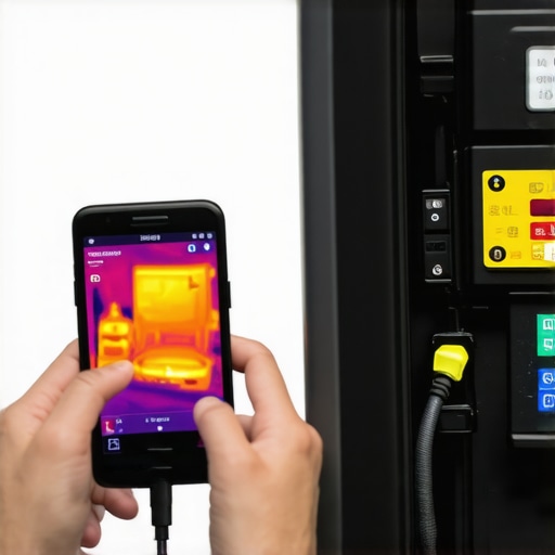 Thermal Inspection of EV Charger Connections Thermal camera showing heat spots on EV charger terminals during a maintenance check.