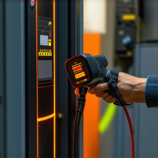 Electrician using infrared camera to detect heat at an EV charging circuit breaker.