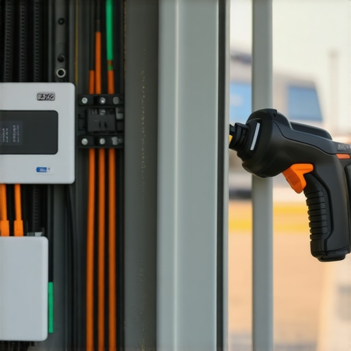 Thermal Inspection of EV Charger Terminals Electrician using thermal imaging to check for heat build-up in EV charger wiring