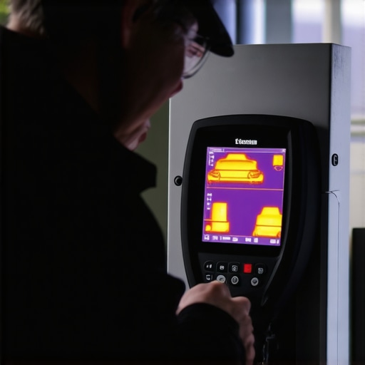 Electrician using a FLIR camera to check for hot spots in an EV charging station circuit.