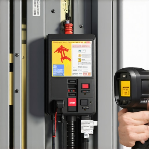 Electrician checking electrical panel heat with thermal camera for EV safety