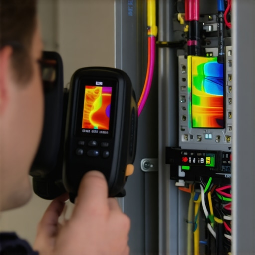 Thermal Inspection of EV Charging Breaker A thermal camera showing heat signatures on a 60-amp EV charger breaker inside a home electrical panel.
