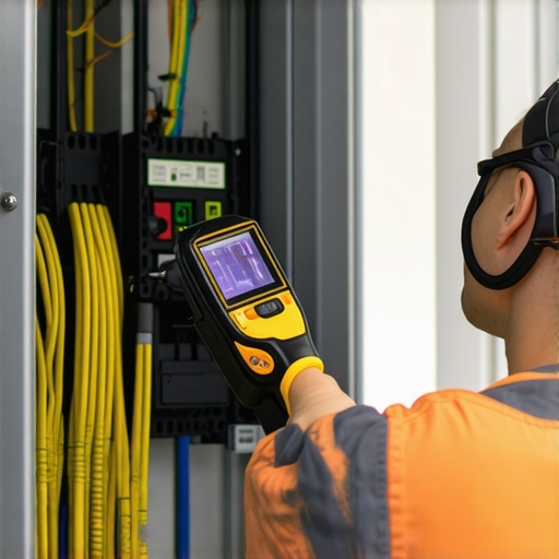 Using a thermal camera to check for heat buildup in an EV charger breaker according to NFPA 70B standards.