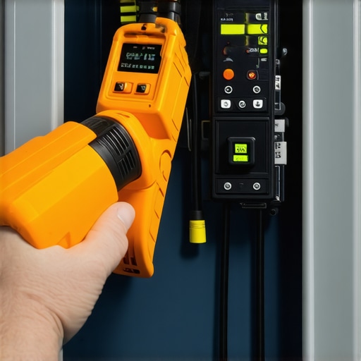 A technician uses a thermal camera to check for hot spots in a home electrical panel during an EV charging session.