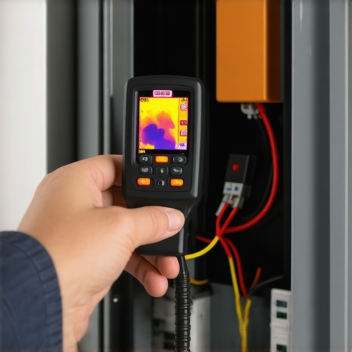 Hand using a thermal camera to check for hot spots in an electrical panel during EV charging