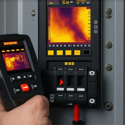 Electrician using a thermal camera to check an EV charger circuit breaker for overheating and high resistance.