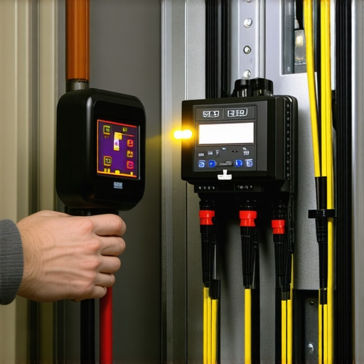Handheld thermal camera detecting heat signatures on an EV charger breaker in a home electrical panel.