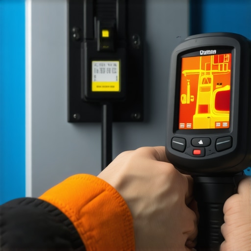 A person using a thermal camera to check for overheating on an EV charger circuit breaker in a home electrical panel.