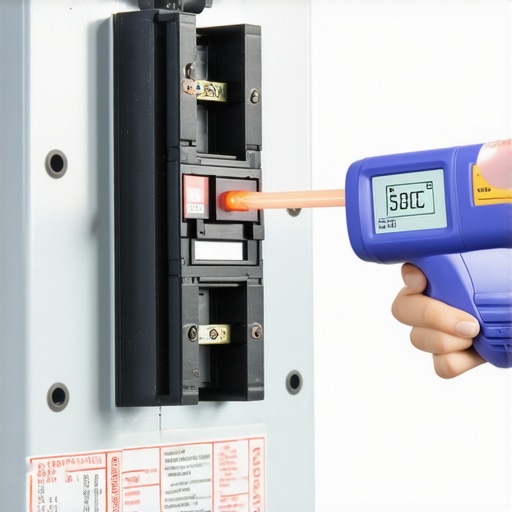 Using an infrared thermometer to check for hot spots on an EV charger circuit breaker.