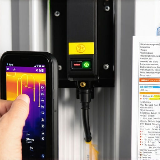 Thermal imaging camera scanning an electrical panel for heat hotspots on an EV breaker.