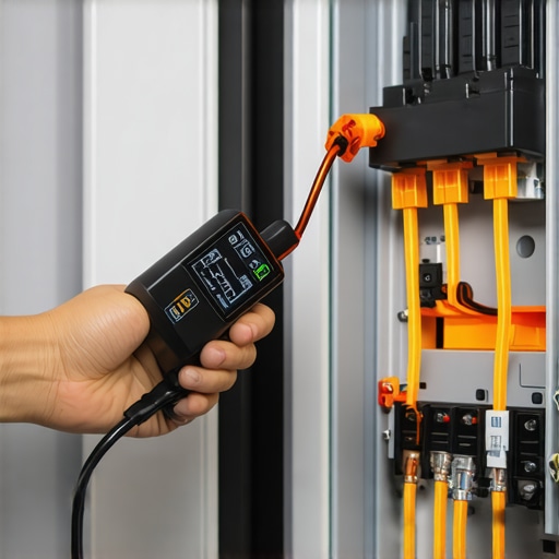 Electrician using infrared camera to check for hot spots in an EV charger electrical panel connection.