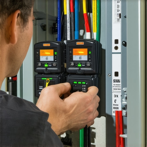 Thermal Inspection of EV Charging Circuit Electrician using thermal camera to check for hot spots in an electrical panel during EV charging.