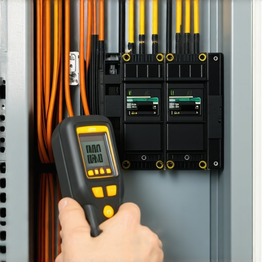 An infrared camera scanning an electrical panel for heat hotspots during EV charging.
